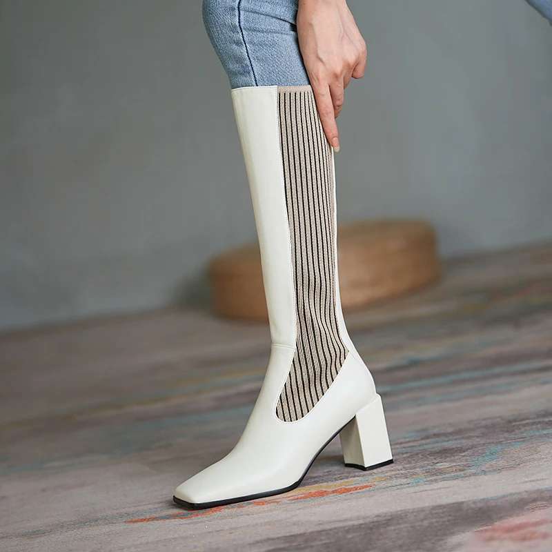 

High Heels Riding Boots Knee-High Boots Women Shoes Square Toe Zipper Long Boots Ladies Autumn 2020 Winter Black Chelsea Boots