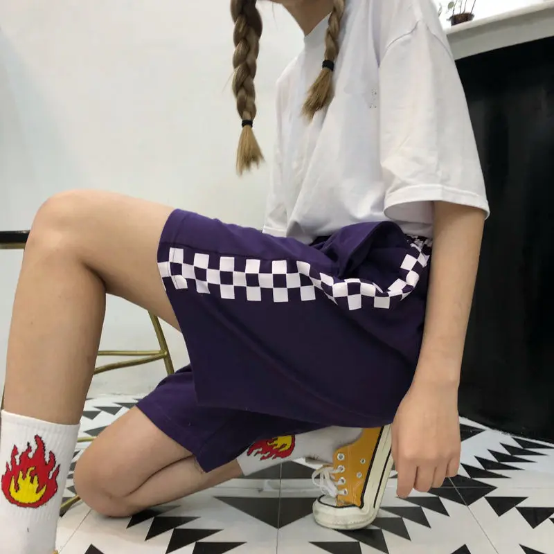 Purple Корейские Ретро Харадзюку летние женские шорты черные белые клетчатые повседневные женские шорты с высокой талией - Цвет: Purple