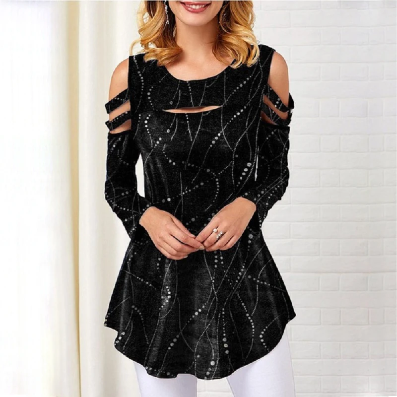 YELITE туника топы Женская Сексуальная Блузка с принтом открытыми плечами