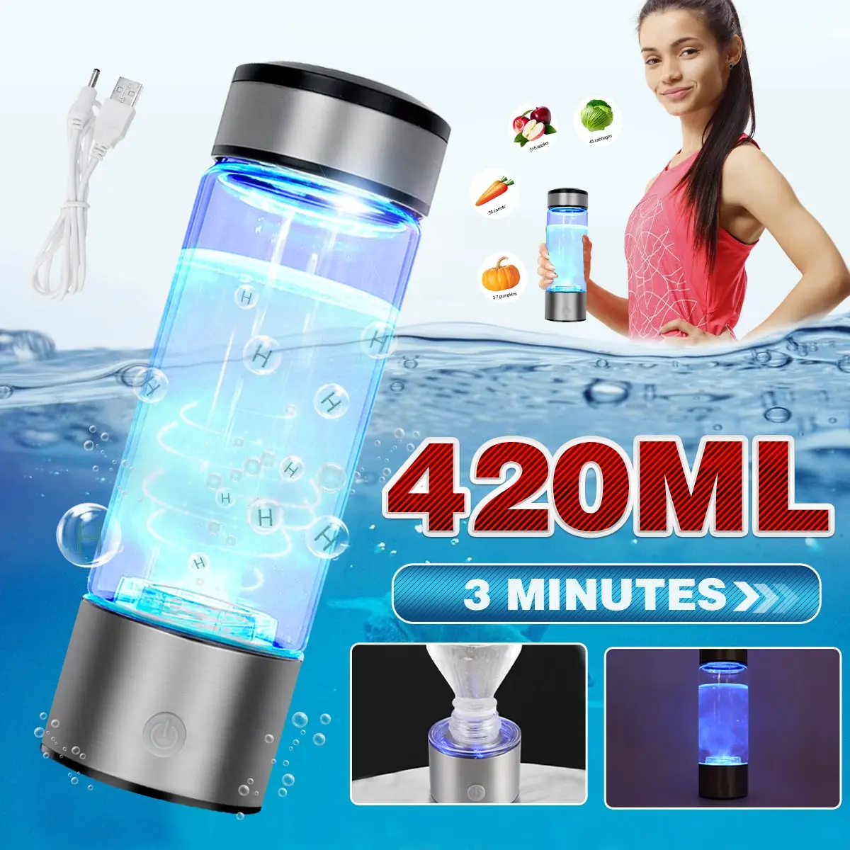 

3mins Portable Hydrogen-Rich Water Cup Ionizer Maker/Generator Super Antioxidants ORP Hydrogen Bottle 420ml Rechargeable SH2