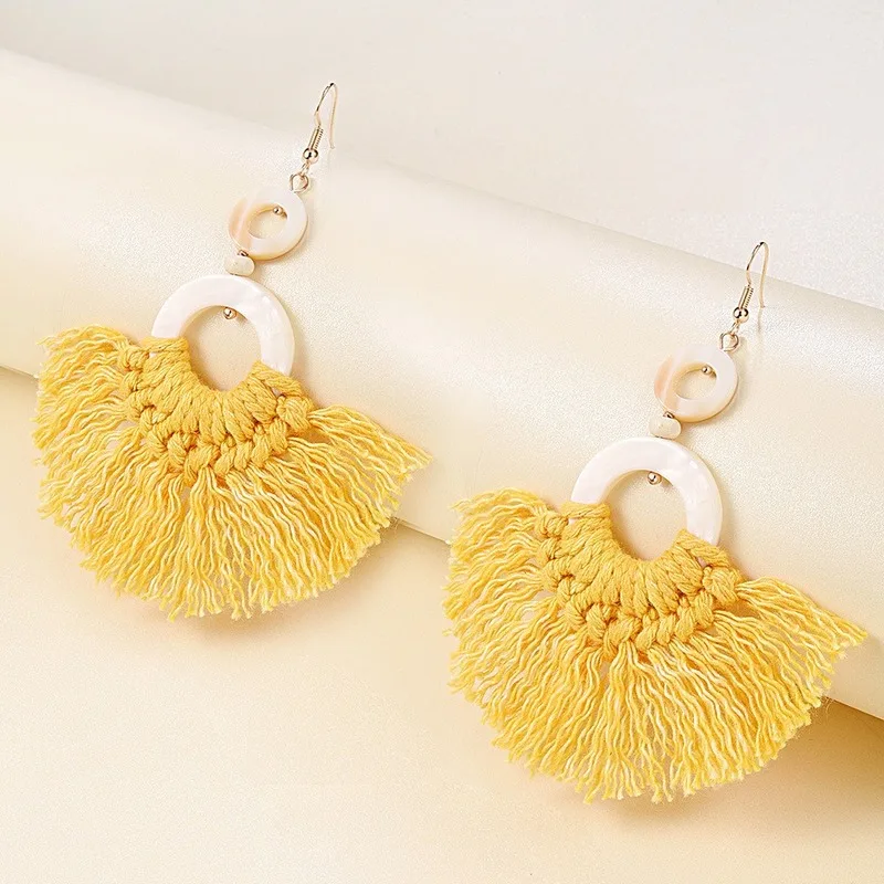 Ракушка серьги плетением макраме ручной работы богемная бахрома висячие яркий