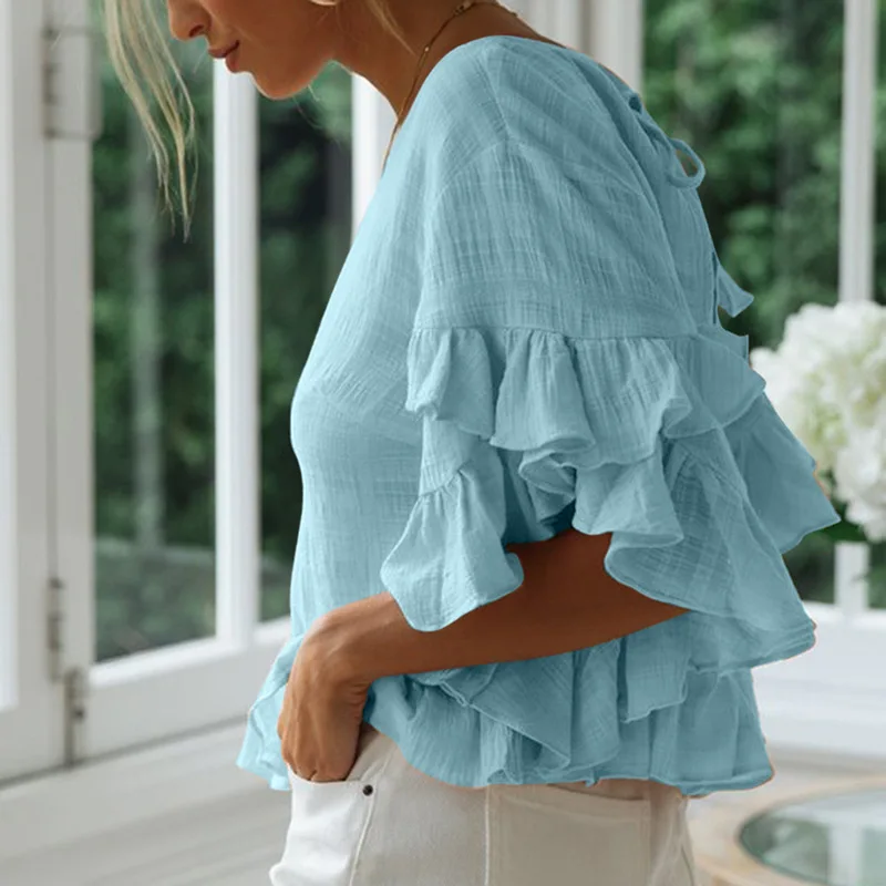 Женская летняя модная футболка с коротким рукавом и оборками по краю|Футболки| |