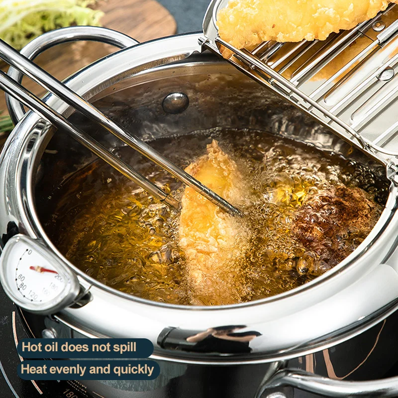 

Japanese Deep Frying Pot with a Thermometer and a Lid 304 Stainless Steel Kitchen Tempura Fryer Pan