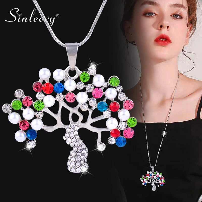 SINLEERY Сверкающие Стразы Имитация Жемчуга дерево кулон длинное ожерелье для
