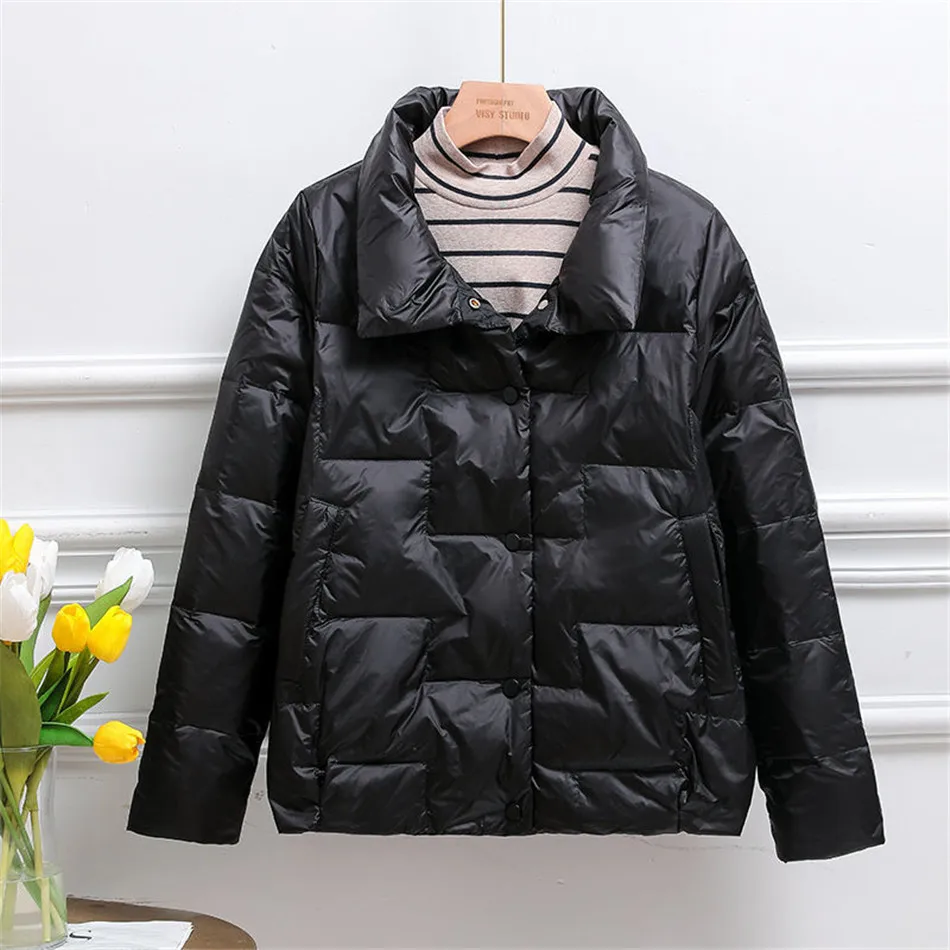 

Fashion Korean Style Stand Collar Short Zipper Down Coat Women Fall Winter Chic Parka Ladies Solid Thin And Light Down Jacket