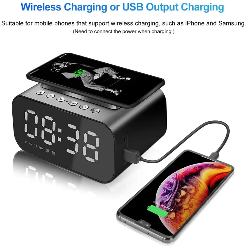 alarm clock digital Bluetooth Speaker fm radio with USB Charger &amp Wireless QI Charging 3 Level Digital Desktop Clock | Дом и сад