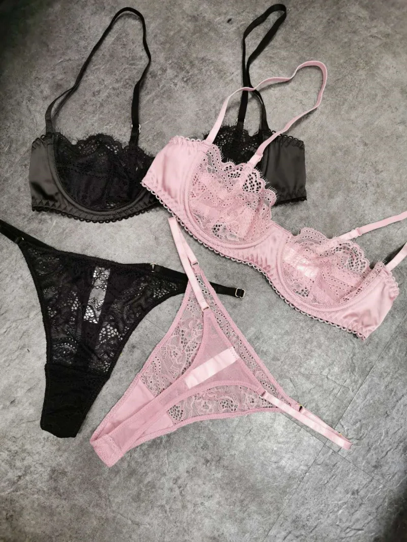 Sexy ultra-thin female bra set no sponge lace steel ring gathered lingerie for women satin half cup temptation brassie underwear