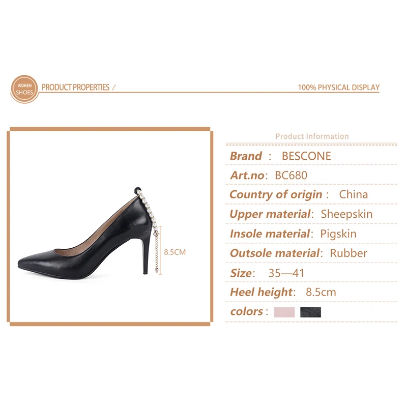 

BESCONE Special Beaded Design Pumps High Quality Sheepskin Sexy Pointed Toe High Thin Heel Elegant Shoes Party Lady Pumps BC680