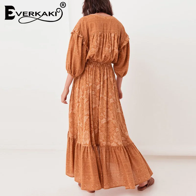 Everkaki Boho Женское Платье макси с принтом и оборками эластичная резинка на талии