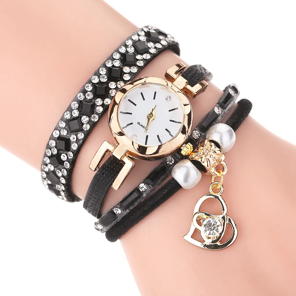 Женские часы-браслет винтажные блестящие Кварцевые часы с жемчужинами и круглым