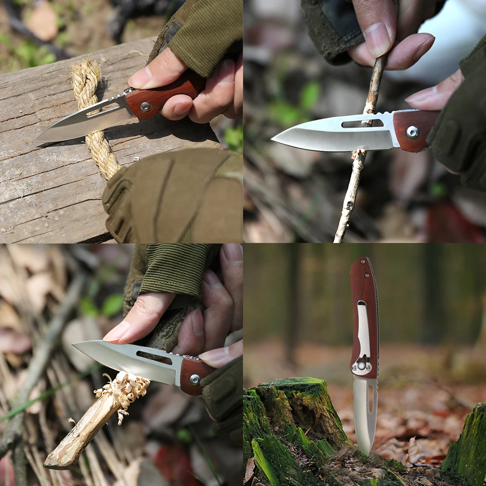 WORKPRO cuchillo de bolsillo plegable hoja de cuchillo multiusos mango de madera cortador de frutas herramienta multiusos para el aire libre