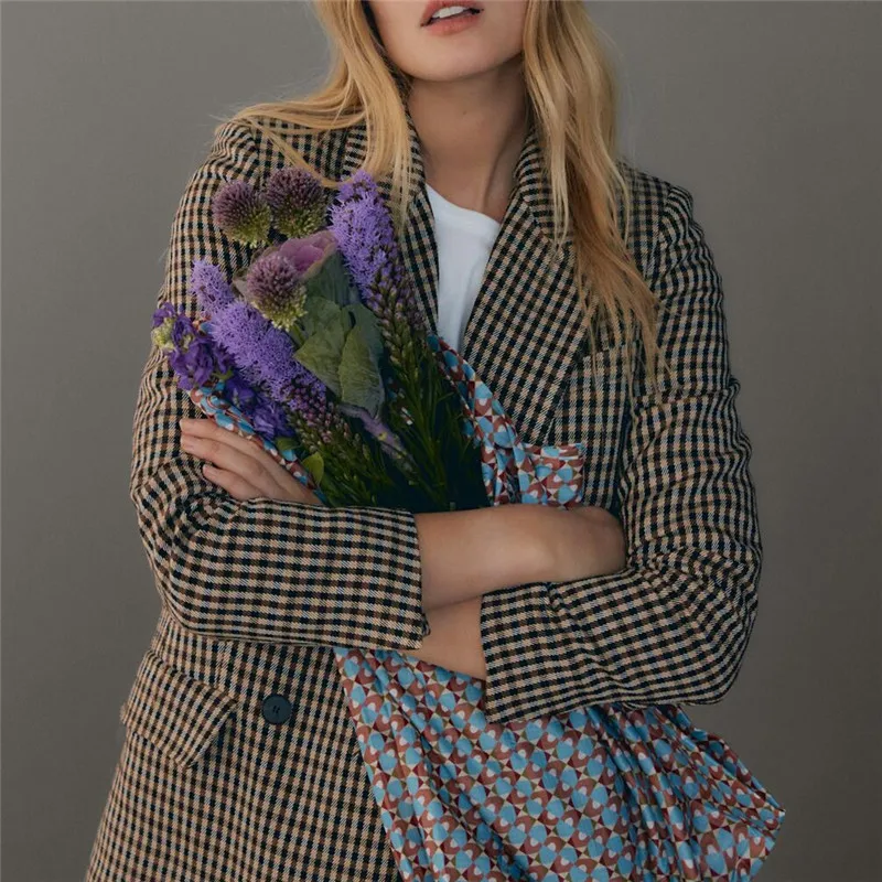 

BLSQR Fashion Autumn Women Plaid Blazers Jackets Work Office Lady Suit Slim Double Breasted Business Female Blazer Coat