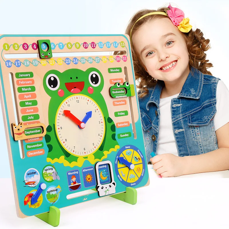

Cartoon Frog Calendar Learning Clock Set Montessori Wooden Toy Baby Weather Season Cognition Preschool Kids Education Math Toys