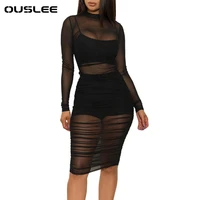 ouslee women sexy black mesh dress long sleeve ruched bodycon dress summer midi long party dress 3 piece set outfits