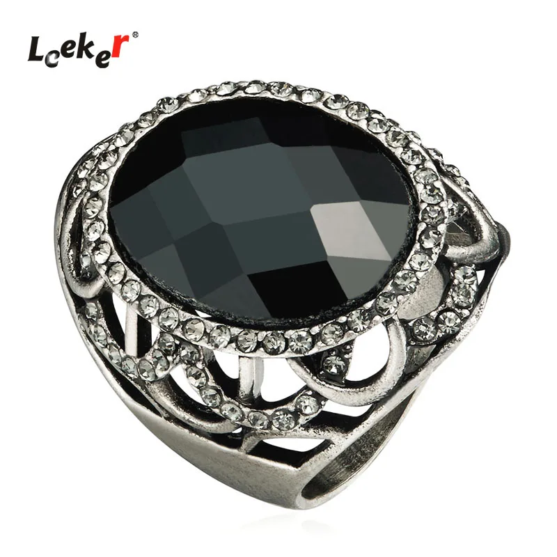 

LEEKER Vintage Big Oval Black Acrylic Rings For Women Antique Silver Color Large Ring Female Retro Fashion Jewelry 2021 166 LK4