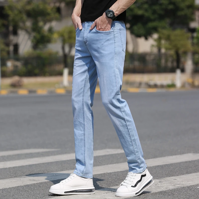 

2021 Spring/Summer High Quality Cotton Stretch Slim Straight Lightweight Jeans Classic Brand Men's Thin Denim Jeans Light Blue