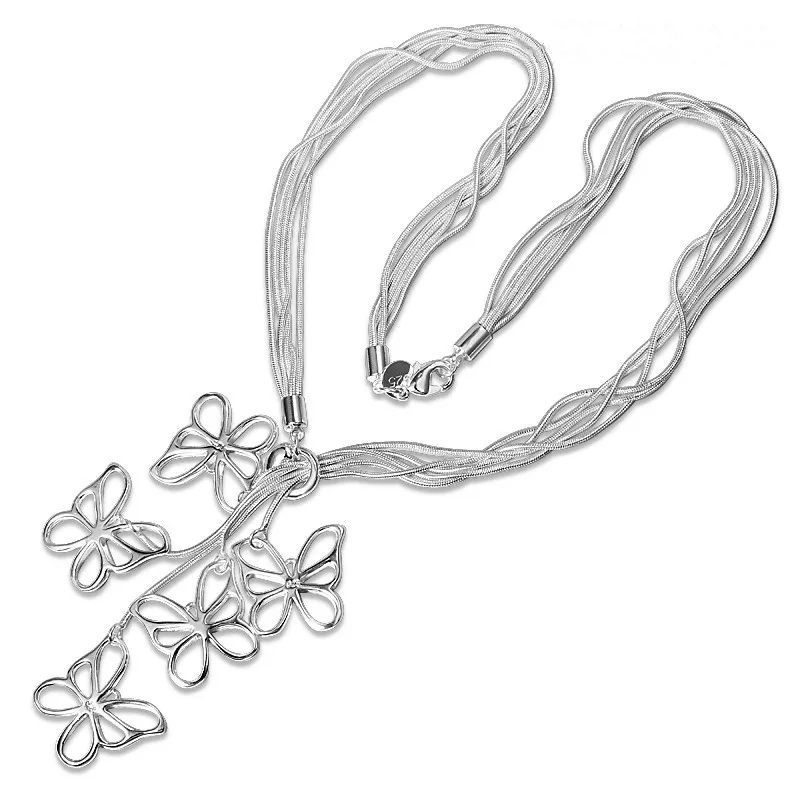 

925 Sterling Silver Five Butterfly Snake Chain Necklace For Women Wedding Engagement Fashion Jewelry