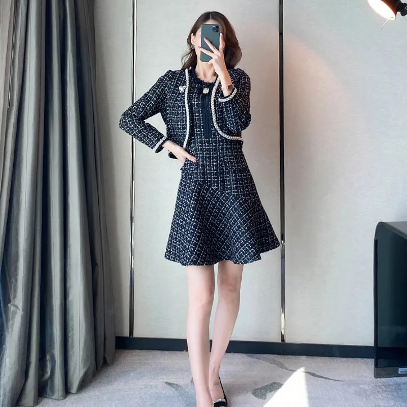 

Korean Style Womens Fashion Short Beading Tweed Jacket Vintage Spliced Sleeveless Dress Office Lady Elegant Two Piece Set