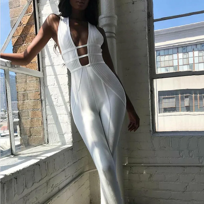 

Sexy Halter Deep V Neck Hollow White Bodycon Jumpsuit Women Bodysuit Sleeveless Criss Cross Back Nightclub Rompers Lady Jumpsuit
