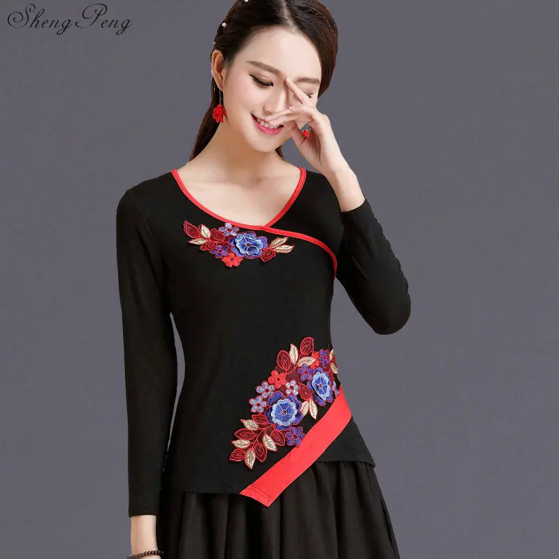 Одежда в китайском стиле женская черная винтажная фольклорная рубашка с