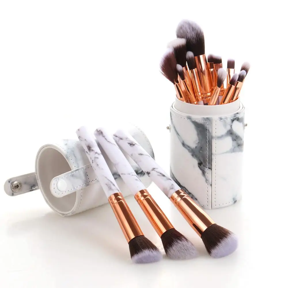 Набор из 15 мраморных кистей для макияжа + 1 косметическая бочка/сумка