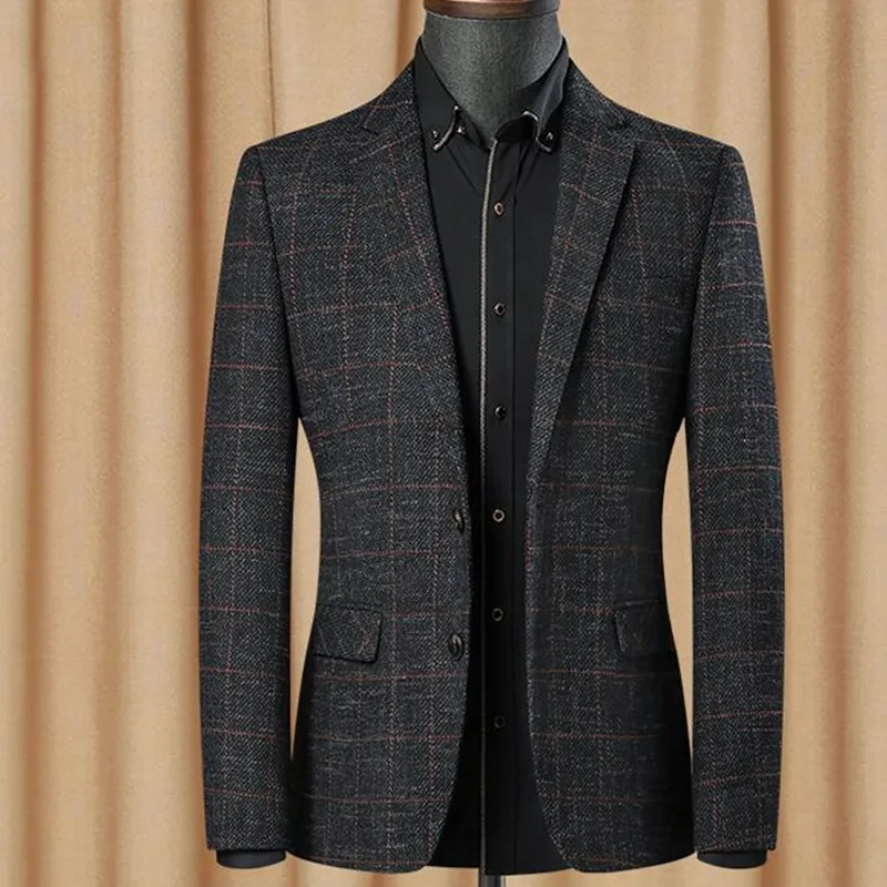 New Classic Men's Wool Blazer Striped Jacket Elbow Patch Blazer Tweed Blazers Coat Business Casual Overcoat Plus Size 54 56