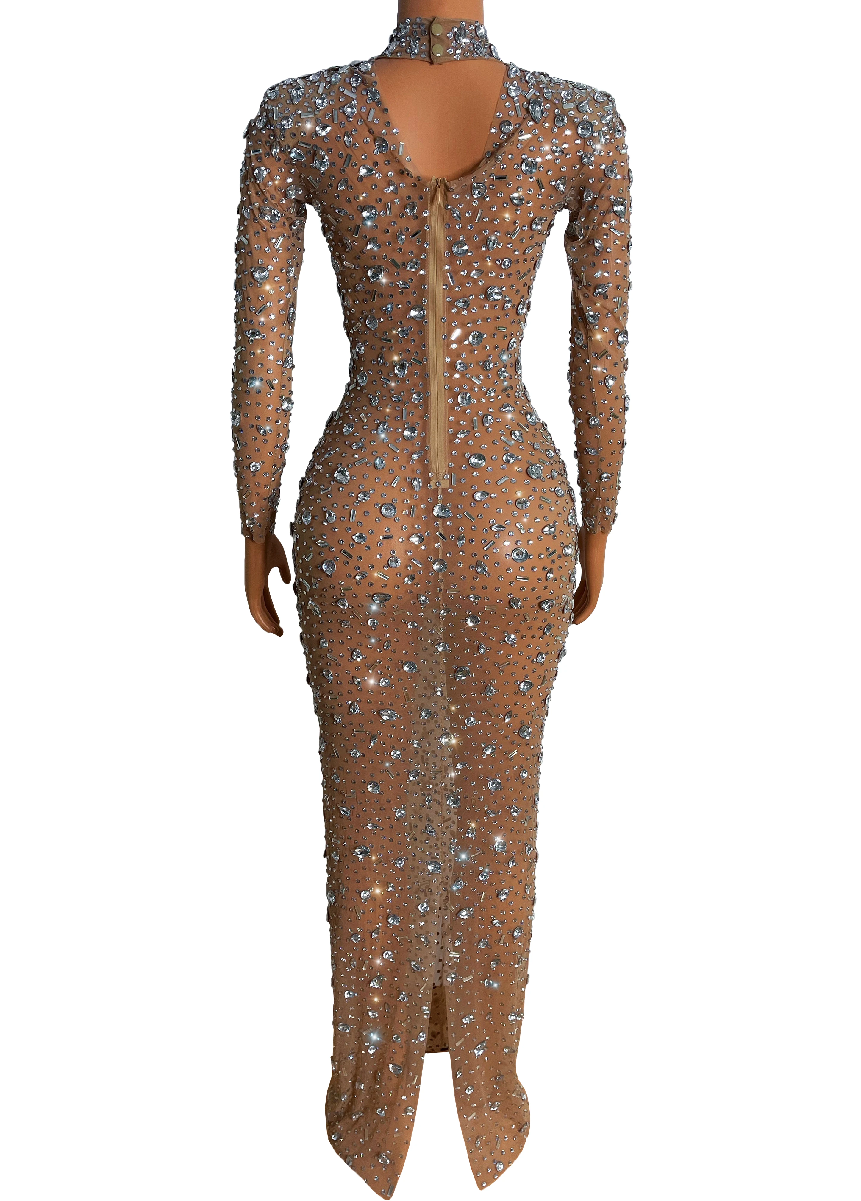 

Evening Birthday Celebrate Mesh Stretch Dance Long Sleeves Dress Party Crystal Stones Sexy Transparent Long Dress