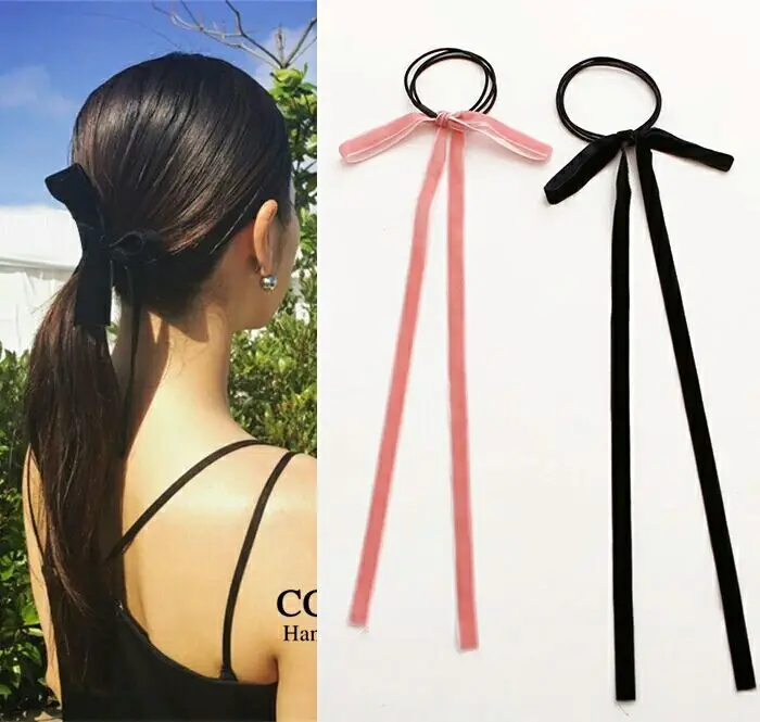 

200pcs/lot DIY Simple Multi Long Ribbon Bowknot Hair Bands Elasticity Velour Rubber Band Hair Styling Tools Accessories HA1098