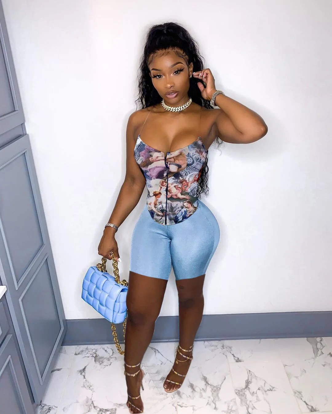 

Summer 2 pcs Work Out Tracksuit for Women Oil painting printing Strapless Crop Top Shorts Set Matching Set Tracksuit Women Sport