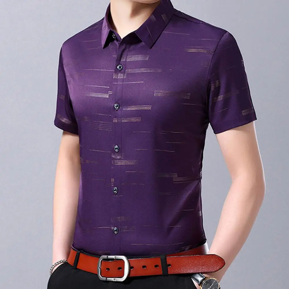 

2021 Men's Summer Business Shirt Short Sleeves Turn-down Collar Shirt Stripes Slim Men Shirts Big Size M-3XL