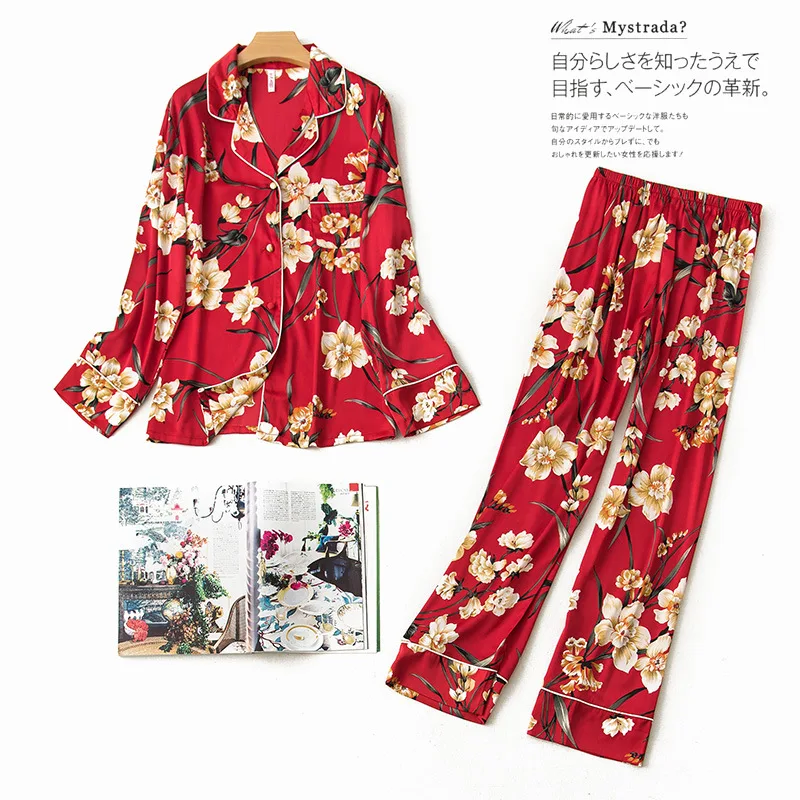 

Print Women Pajamas Set Satin 2PCS Sleep Set Shirt&Pants Silky Sleepwear Pyjamas Casual Nightwear Home Clothes Silky Pijamas