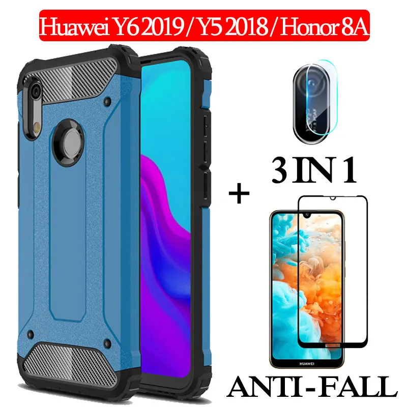 3 в 1 cтекло + защитный чехлы на хонор 8a Huawei Y6 2019 Y5 2018 Жесткий чехол для телефона Honor 8A