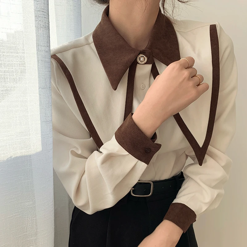 

Korean Blouses for Women 2021 Turn-down Collar Vintage Long Sleeve Shirts Tops Fashion Patchwork Woman Clothes Blusas