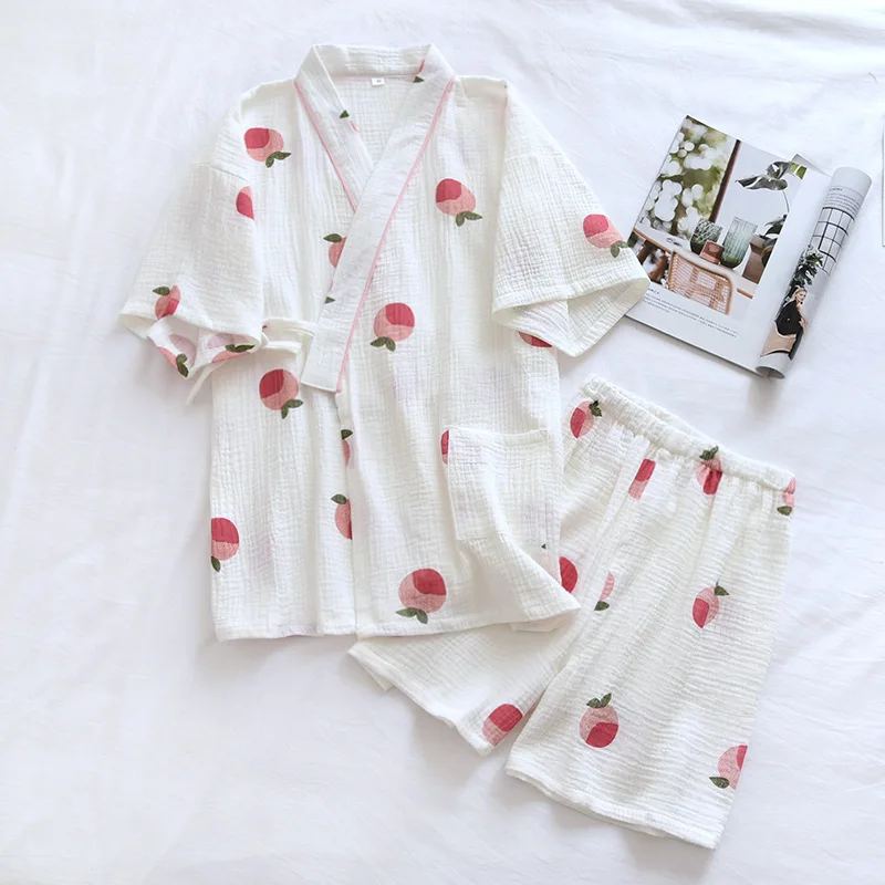 

2021 Japanese kimono summer new style ladies short-sleeved shorts pajamas two-piece peach cotton crepe home service pajama set