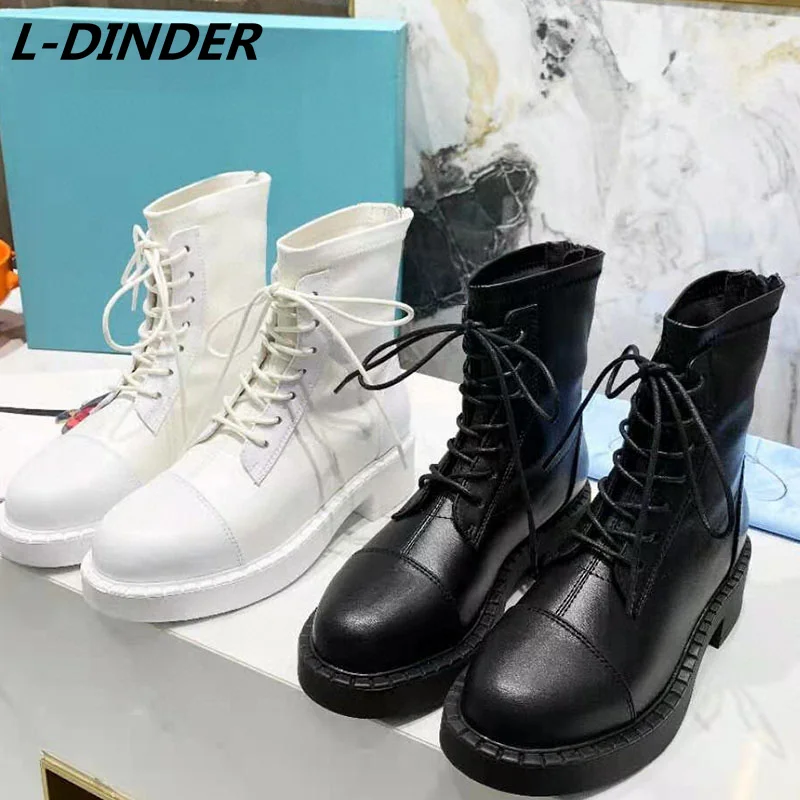 spesifikasi Sepatu Bot Wanita Hitam Bertali L-DINDER Sepatu Bot Martin Pergelangan Kaki Ramping Platform Datar Ujung Bundar Sol Tebal Sepatu Bot Luar Ruangan Hak Tebal