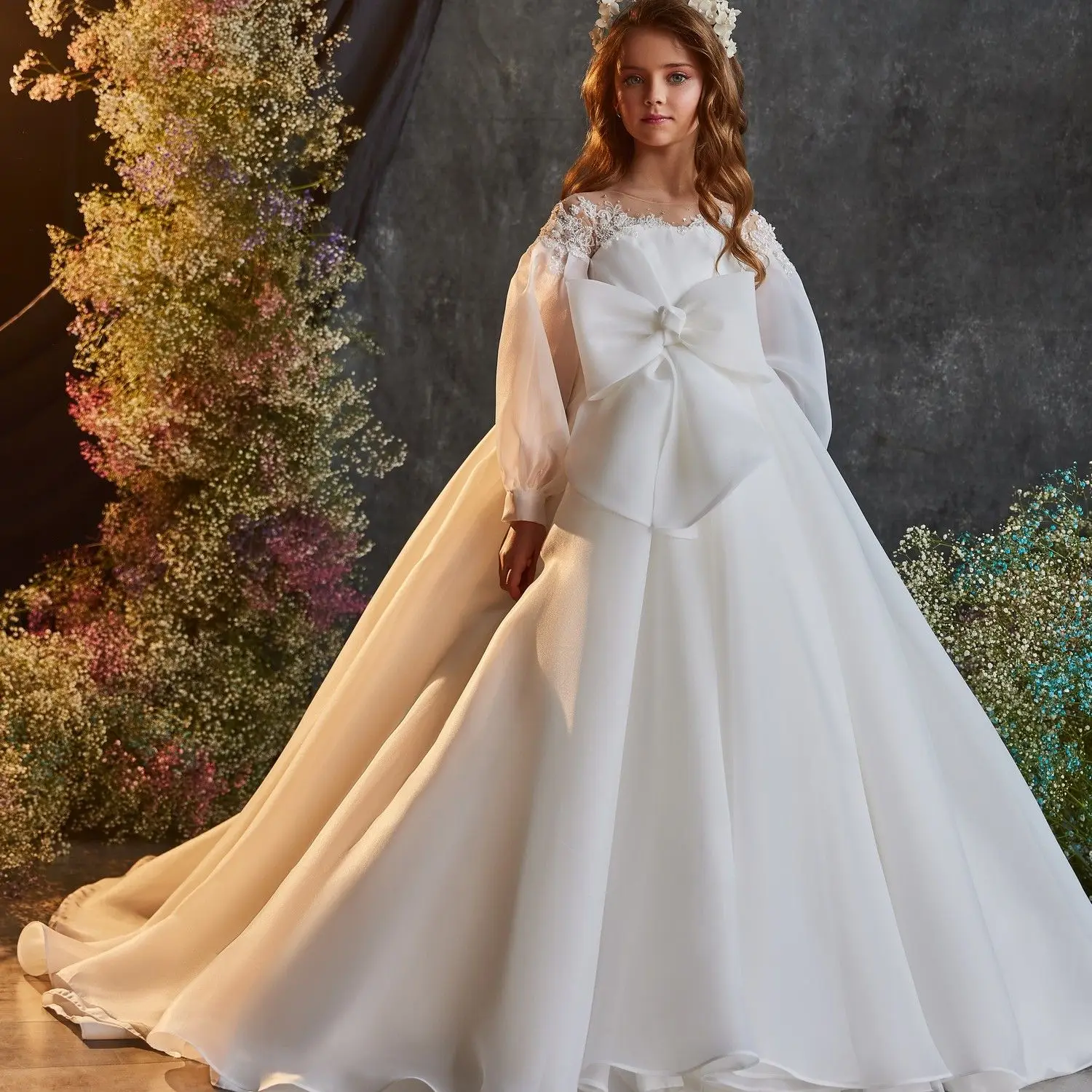 

Long Sleeve Ice Yarn Flower Girl Dresses Princess Jewel Neck Bow Girls Birthday Party Dress Christmas First Communion Gown