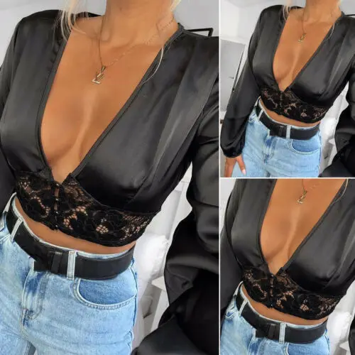 

Women Lace Hollow Out Satin V-Neck Crop Top Long Sleeve Sexy Shirts Blouse