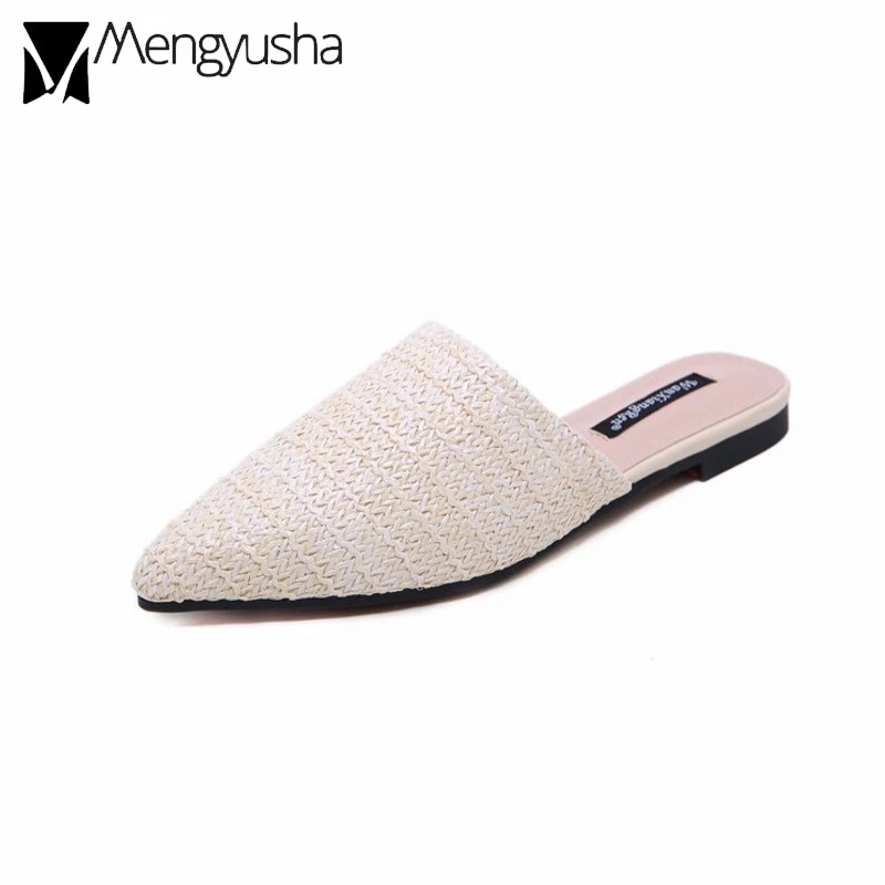 Мюли женские плетеные соломенные сандалии с заостренным носком брендовые