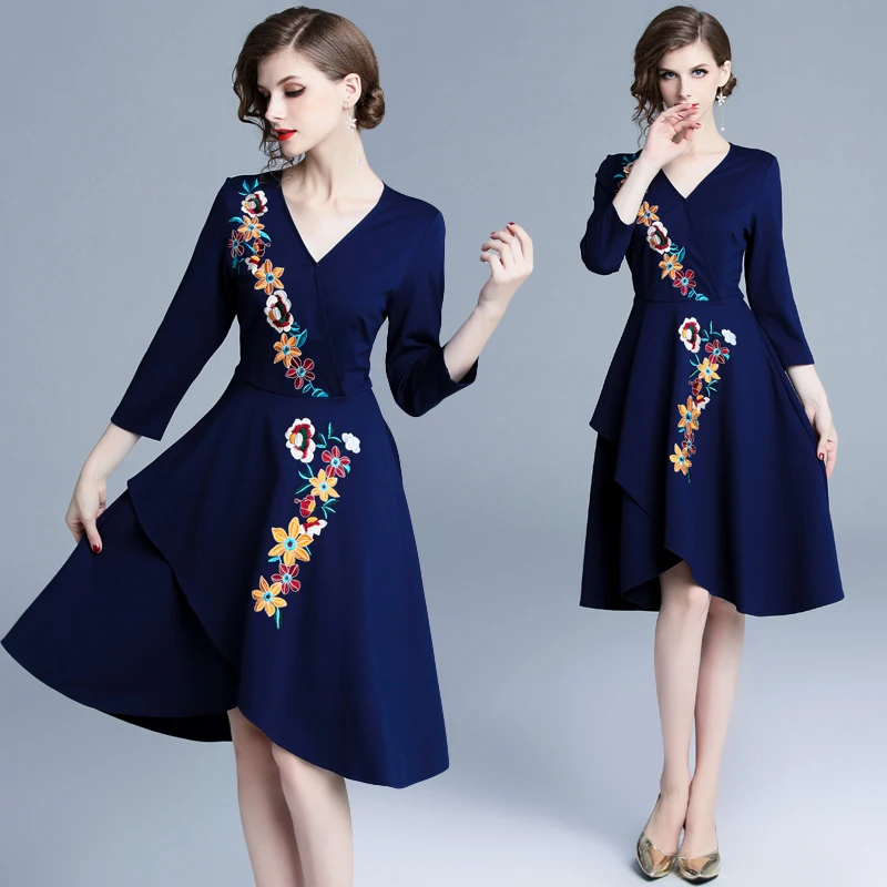 

Autumn Winter Floral Embroidery Dress Vintage Women Clothes V Neck Elegant Asymmetrical Robe Femme Casual Party Blue Vestidos
