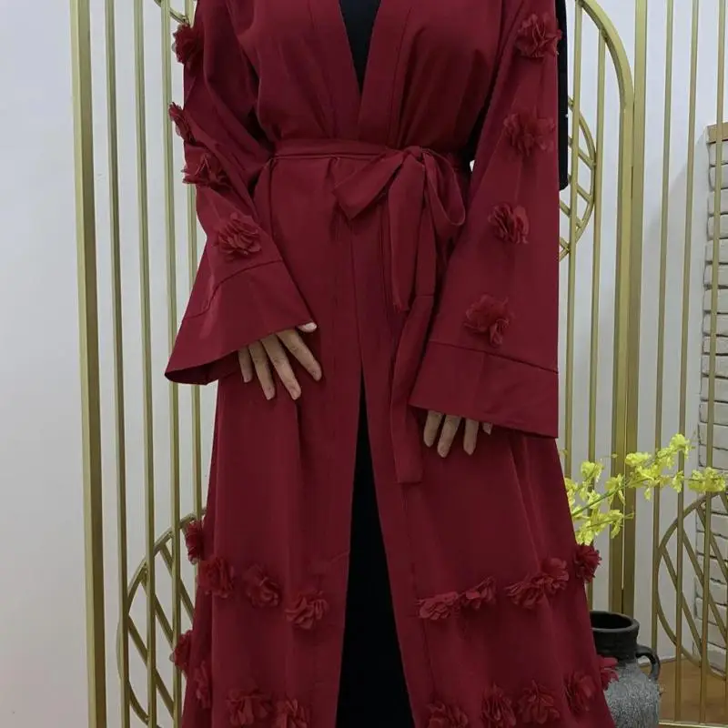 

Islamic Kaftan Muslim Fashion Women's Loose Oversized Cardigan Three-dimensional Flower Lacing Solid Color Robe With Headscarf