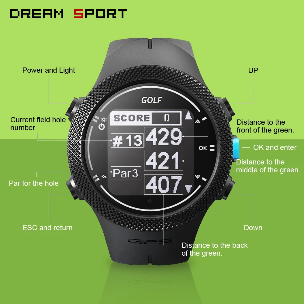 GPS часы Dream Sport для гольфа предварительно загруженные дальномеры расположение