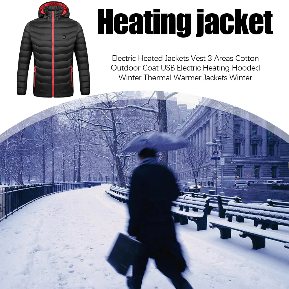 

Electric Heated Jackets Vest 3 Areas Cotton Outdoor Coat USB Electric Heating Hooded Winter Thermal Warmer Jackets Winter