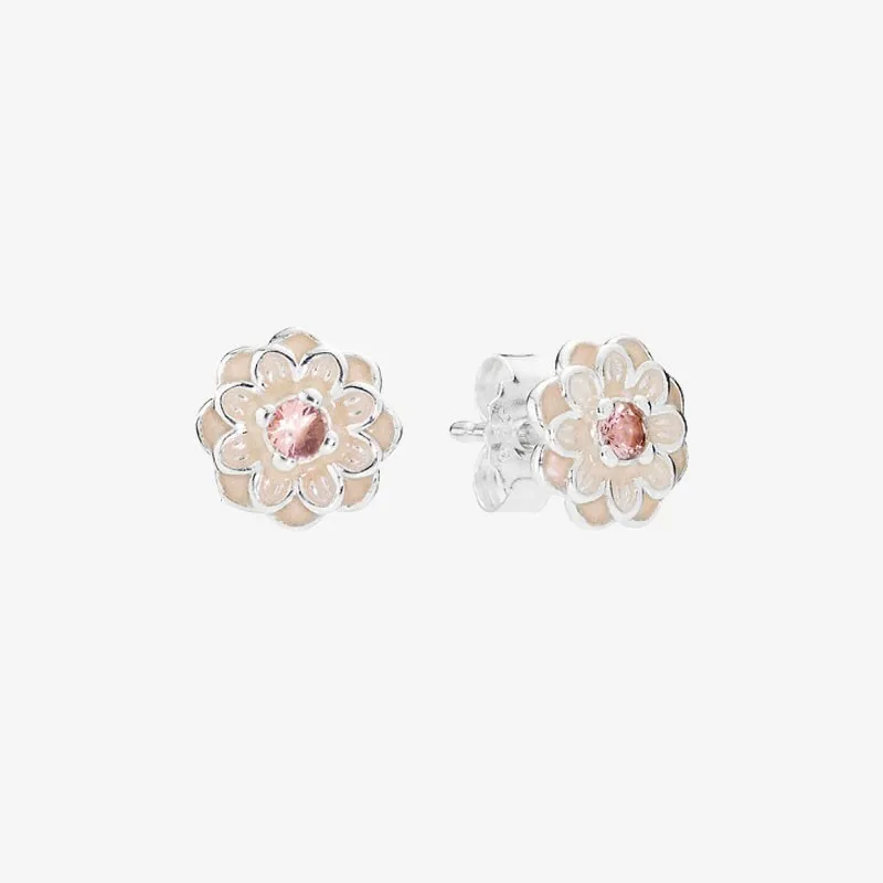 

Authentic S925 Sterling Silver Pink Dahlia Earrings Women's Fashion Silver Earrings Jewelry Gifts