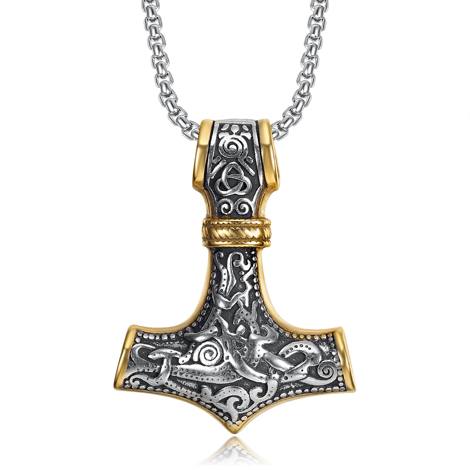 

Vintage Stainless Steel Viking Jewelry Gold And Silver Norse Viking Thor's Hammer Talisman Mjolnir Necklace Pendant For Men