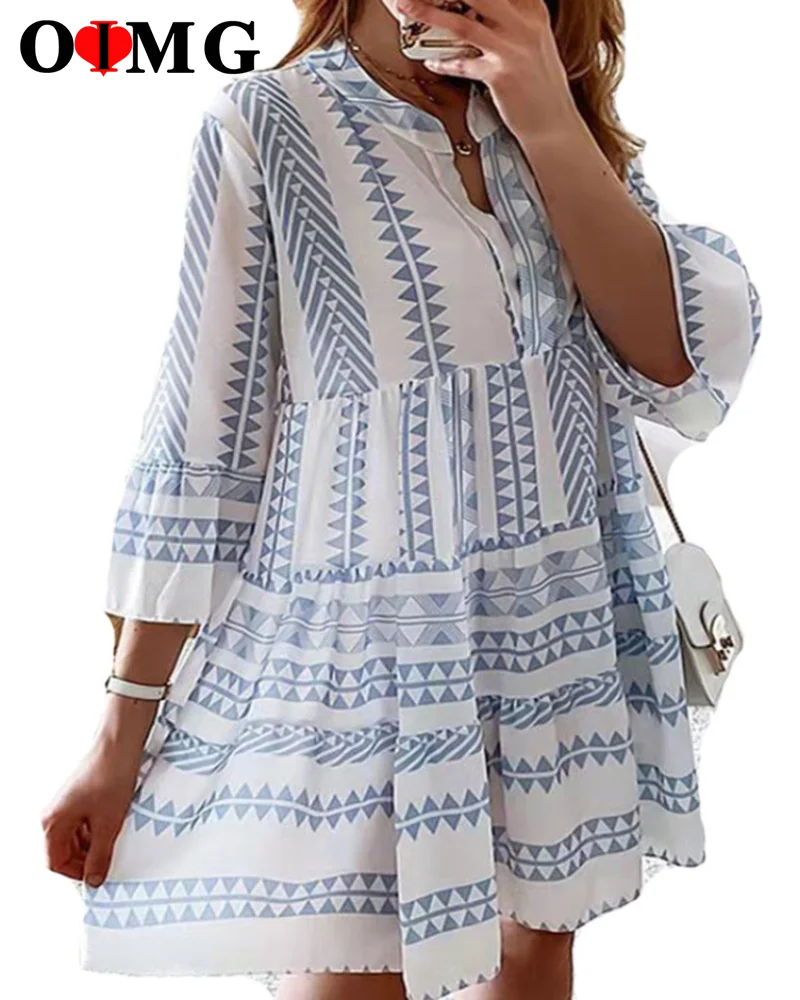 

OIMG Geometric Print Candy Color Boho Beach Dress Women summer Casual Sweetwear Splicing Half open V-neck Loose Dresses 10151