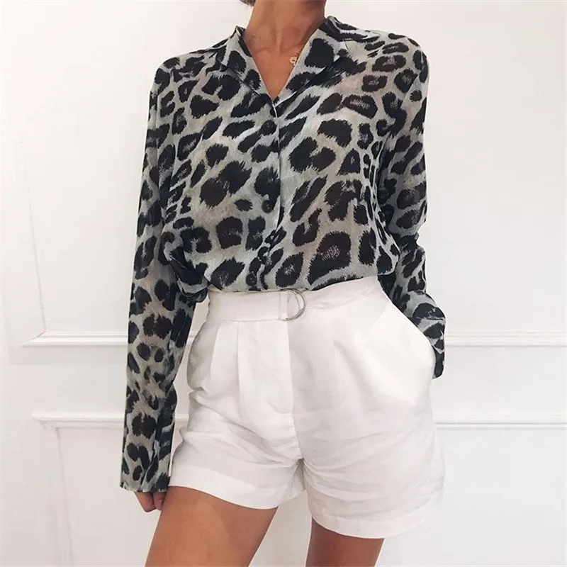 

Women 2021 Sexy Shirts Leopard Print Blouse Long Sleeve Loose Blouses Casual Turn Down Collar Shirt Tunic Tops Blusas Mujer