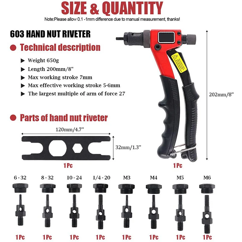 

Manual Riveter Gun Hand Rivet Tool Kit BT-603 Rivet Nut Setting Tool Nut Setter M3/M4/M5/M6 Metric and Inch Letter Shaft Set