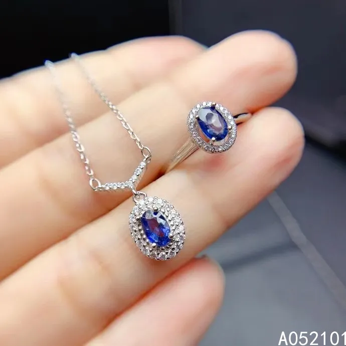 KJJEAXCMY Fine Jewelry 925 sterling silver inlaid natural sapphire girl luxury gemstone necklace pendant ring set support test