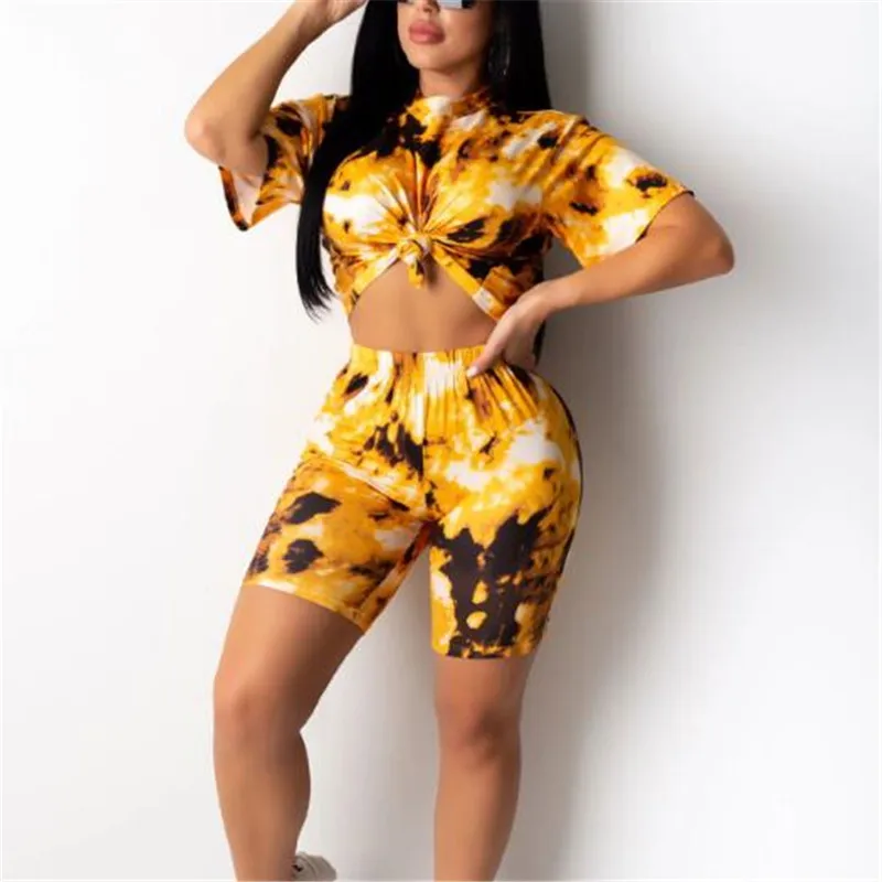 

2020 Summer Women Gradient Tracksuit Tie-dye Round Neck Suit Two Piece Set Casual Short Sleeve T-shirt+Shorts Clothes for Women