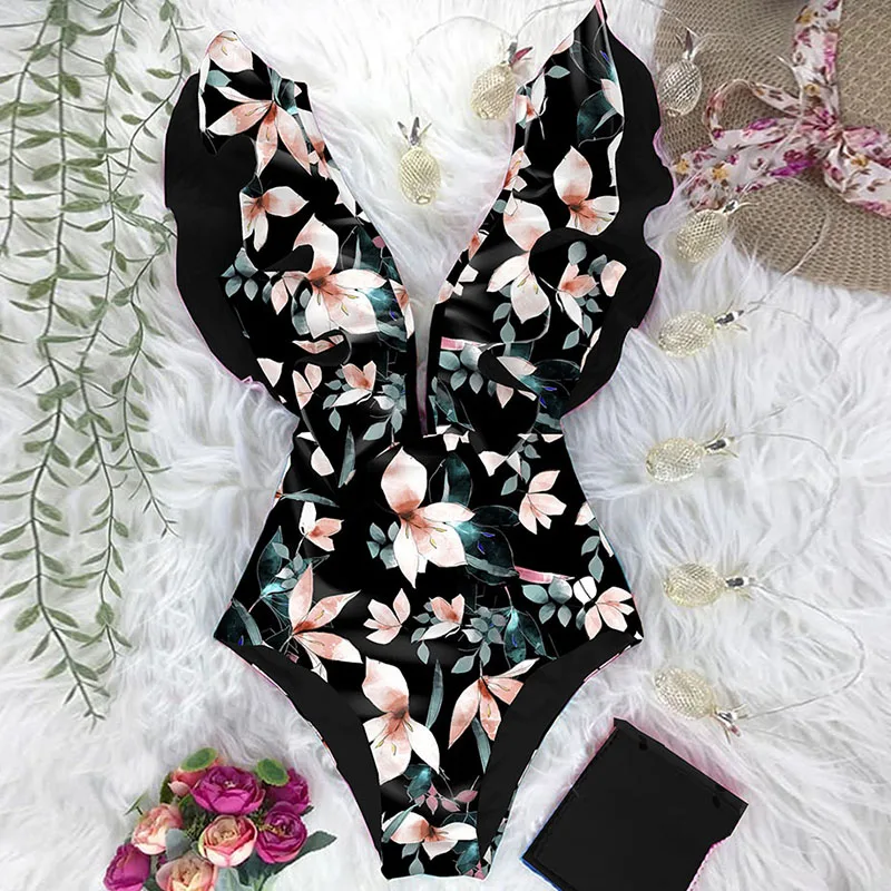 

2021 New Print Swimwear Deep V-neck Ruffle Swimsuit Push Up One Piece Swimsuit Beach Wear Backless Monokini